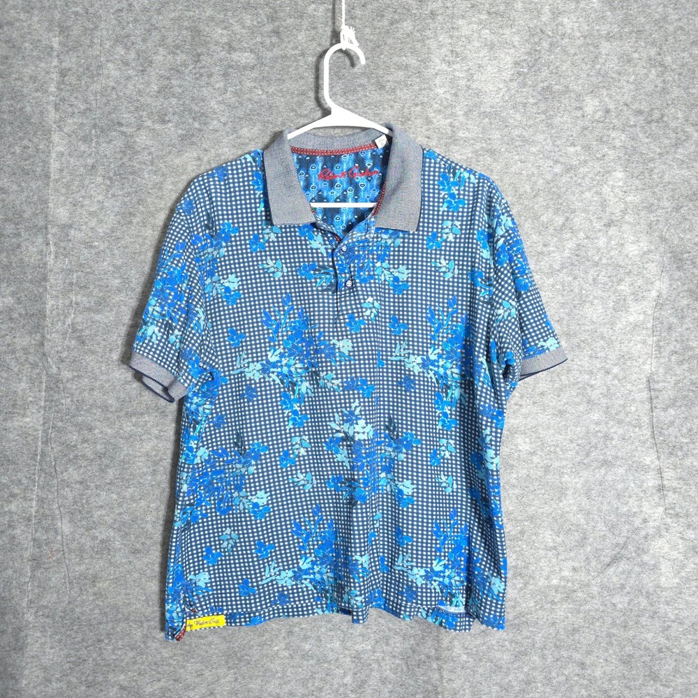 Robert Graham Polo Womens Large Blue Floral Gingham Classic Cotton Contrast Trim